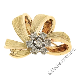 18k Gold 0.40ctw Round Diamond Cluster Flower Textured Bow Ribbon Pin Brooch - Picture 1 of 6