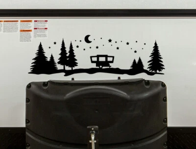 Pop-Up Camper Moon Stars Vinyl Decal - Trees Forest Graphics - Die Cut Sticker - Image 1 of 4