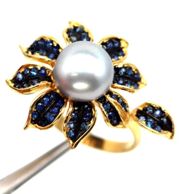 925 Sterlingsilber 11 Mm Graue Perle & Blauer Saphir Schmuckring Größe 6,5 - Bild 1 von 4