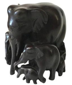 Thai Elephant Family Wood Carved Home Decor Collectible Handmade Figurine - Picture 1 of 11