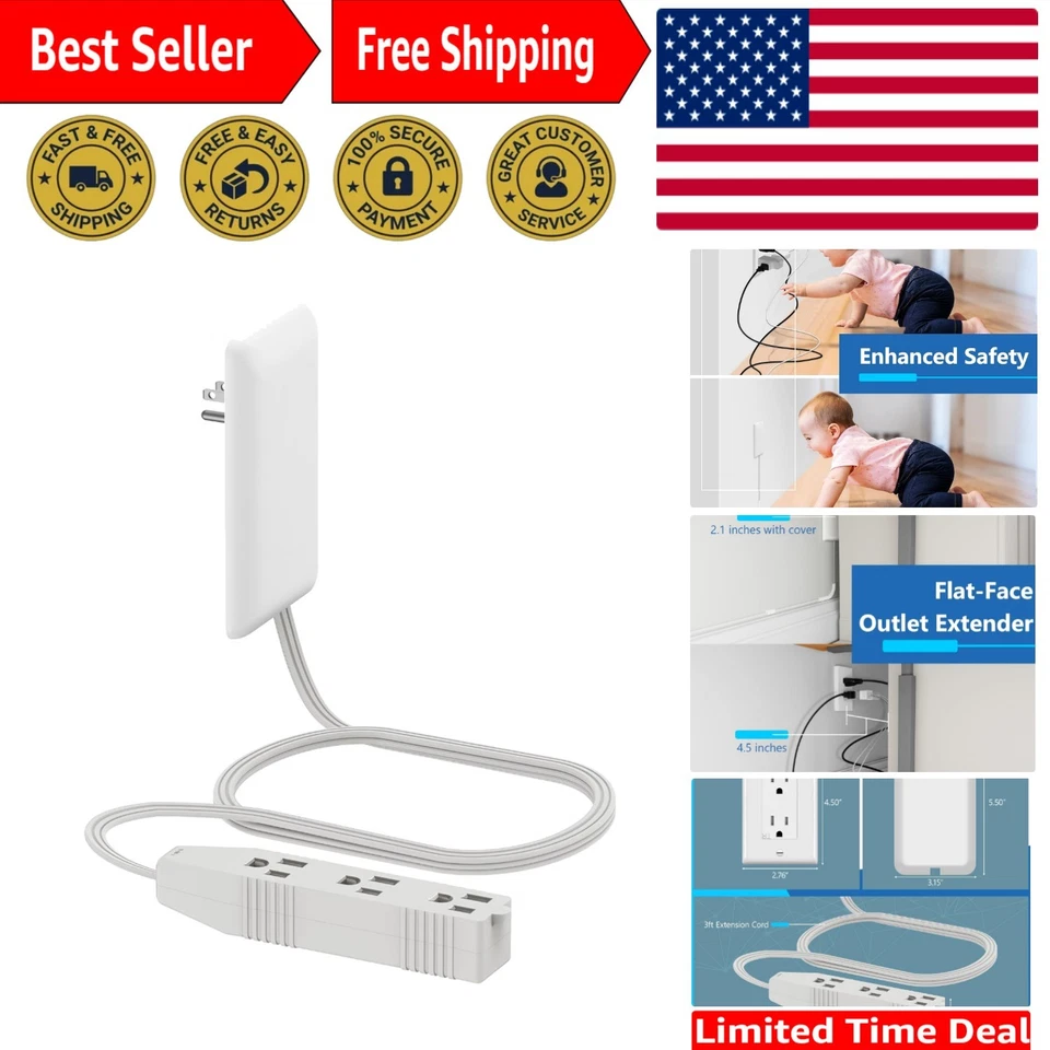 LIDER Flat-Face 3 Outlets Extension Wallplate Plug 125VAC 60Hz 3ft LWE3-315-W