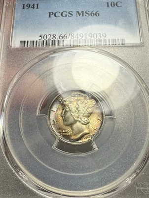 1941 Mercury Dime 10c - PCGS MS66 - Light Rainbow Toning - Image 1 of 3