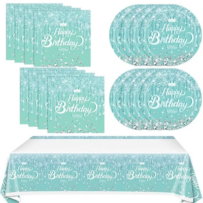 41 Pcs Teal and Silver Tableware Set for Happy Birthday Table Decorations Blu... - Image 1 of 4