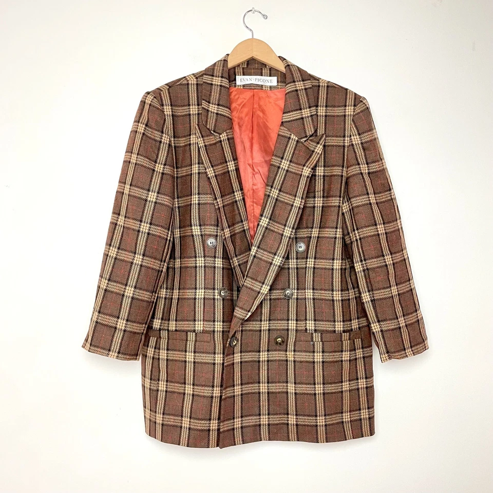 Vintage 90s Brown Plaid Wool Dark Academia Old Money Preppy Blazer Jacket L/XL - Image 1 of 4