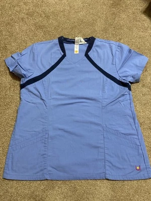 URBANE Women's L Short Sleeve Scrub Top Light Blue with Navy Trim front pockets  - Image 1 of 3