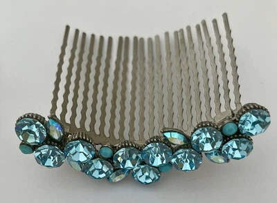 Vintage SNK Gun Metal Hair Comb Blue Rhinestone Cluster / Bridal Something Blue  - Image 1 of 4