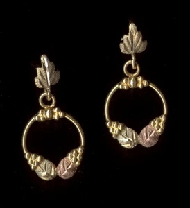 14K 1.12 Gram Solid Yellow & Rose Gold Circle Hoop Leaf Grape Earrings ~PM - Picture 1 of 2