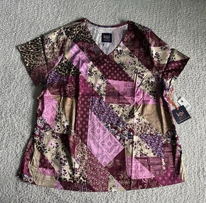 Koi Stretch Scrub Top Women’s Sz 2X Pink Patchwork Love Floral Nursing Medical - Picture 1 of 11
