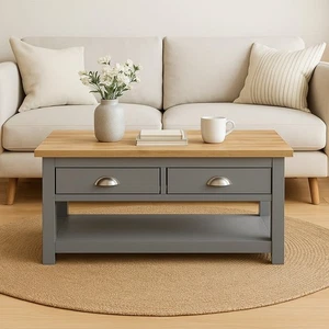 Coffee Table with Drawers Grey Wooden Top Scandi Farmhouse Living Room Storage - Picture 1 of 8