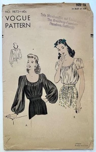 Vintage Vogue 9872. Misses' Peasant Blouse. 1940's. ENVELOPE & INSTRUCTIONS ONLY - Picture 1 of 2