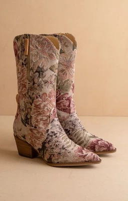 Vintage Floral Jacquard Tapestry Mid-Calf Western Boots - Oasis Society - Image 1 of 4