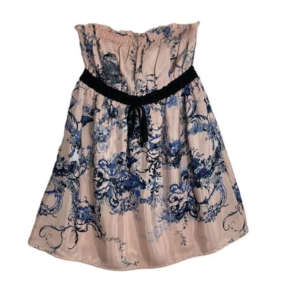 Charlotte Russe Pink Blue Floral Strapless Smocked Satin Mini Babydoll Dress S - Image 1 of 4