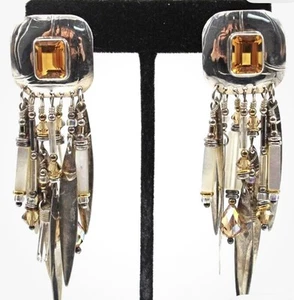 Tabra Sterling Silver Citrine & Mother of Pearl Long Dangle Pierced 3" Earrings - Picture 1 of 3