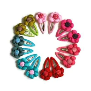Girls Puff Flower Hair Clips Handmade Fabric Snap Set Two Pieces - Picture 1 of 11