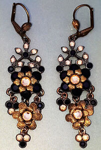 Michal Negrin Chandelier Earrings Black Gold Crystals Flowers Beads Dangle Drop