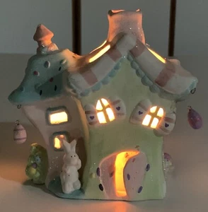 Easter House Ceramic Tealight/Votive Candleholder Bunny Rabbit Dangling Eggs 6” - Picture 1 of 12