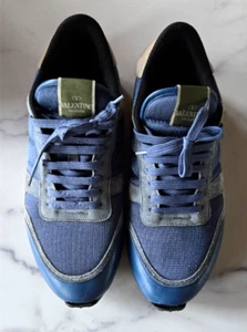 Valentino Garavani Mens Rock Runner Sneakers 44 Blue Brown Suede Lace Up Shoes - Picture 1 of 15
