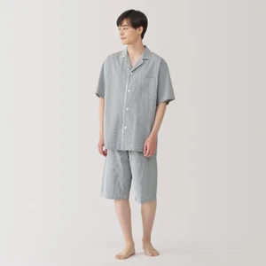 Pijama de manga corta MUJI Seersucker 100 % algodón orgánico azul marino a rayas FedEx - Imagen 1 de 10