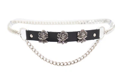 Women Silver Metal Chain Western Look Belt Hip Waist Rose Flower Charms XS S M - Image 1 of 4