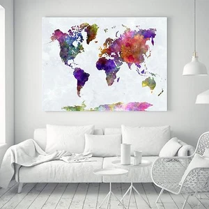 Abstract World Map Watercolor Silk Canvas Poster Fabric Paint Art Wall Decor 02A - Picture 1 of 9