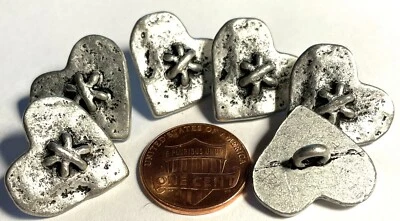 6 Antique Silver Tone Metal Shank Heart Buttons Black Accent 13/16" 20mm 12799 - Image 1 of 2