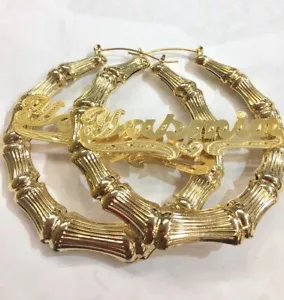 14K Gold Overlay Personalized Name Bamboo hoop Earrings 1 inches yellow - Picture 1 of 1