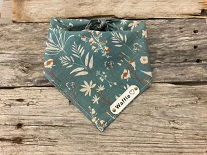 Dog Bandana, Playa Wildflowers Green, White Leather Personalized Name Tag, Dog - Picture 1 of 6