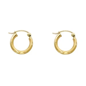 High Polish 14K Yellow Solid Gold Diamond Cut Satin 2mm Small Hoop Earrings 1/2" - Picture 1 of 1