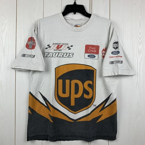 VTG Robert Yates UPS NASCAR Taurus T-Shirt Size Large All Over Print 90s RARE Cover