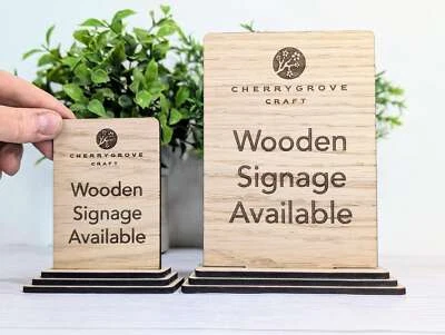 CHERRY GROVE CRAFT Personalised Wooden Table Signs - Custom Text, Logo, Freestanding, 2 Sizes