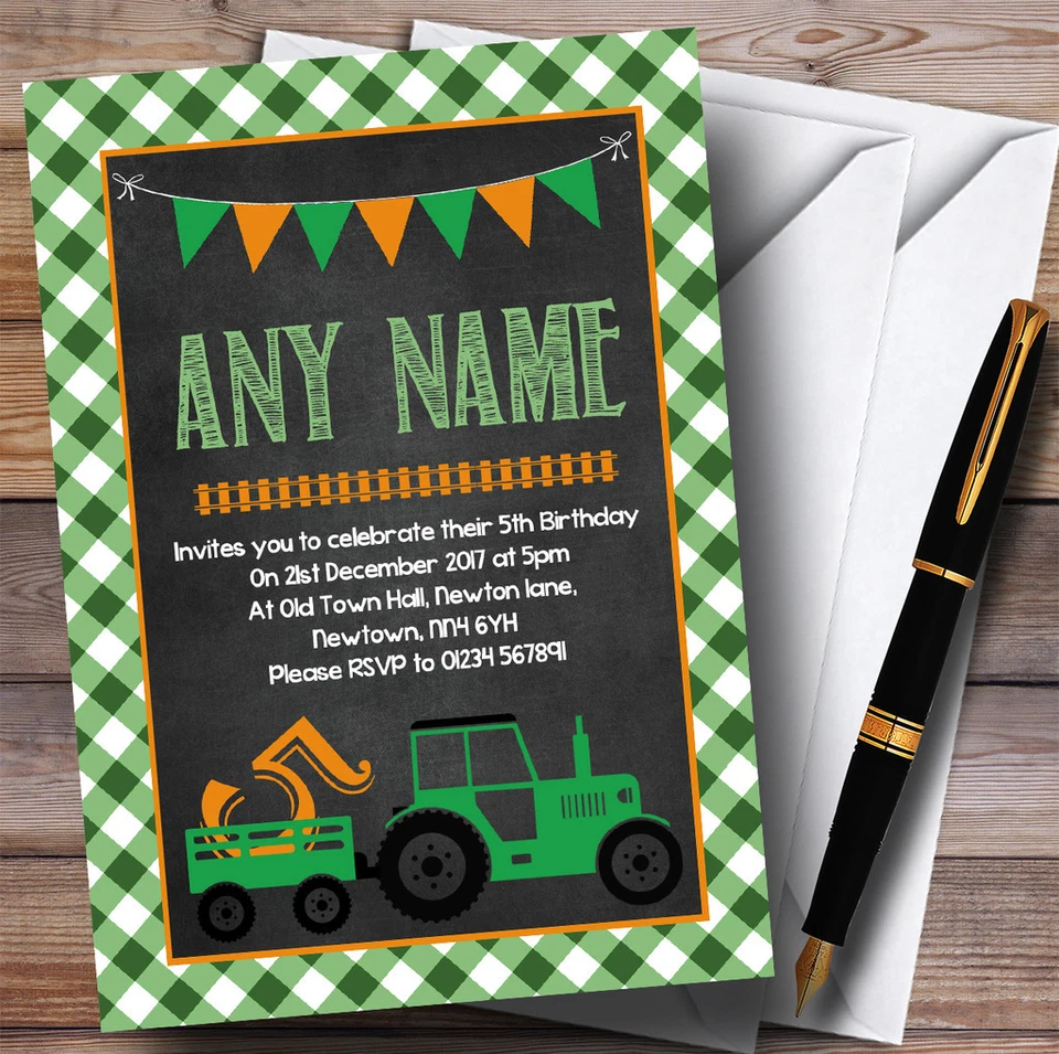 THECARDZOO Green Country Farm Tractor Childrens Birthday Party Invitations