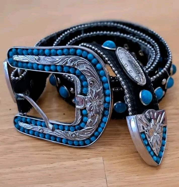 Cinturón para mujer W. B. Atlas Western tono plata y turquesa tachonado 40 pulgadas Foto 1 de 4