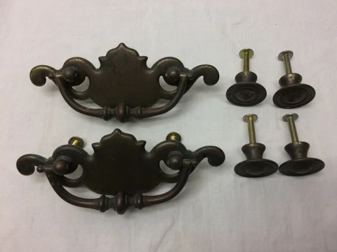 6 Piece Set 4 Vintage Drawer Knobs 2 Pulls DIY Project Hardware Pressed Steel Cover