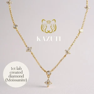 Lab Created Diamond Necklace Clover Stone Gold Over Silver 925 - Picture 1 of 6