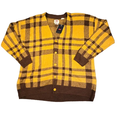 Cárdigan Levis para mujer GRANDE amarillo cuadrado a cuadros cuello en V invierno cálido talla L NUEVO CON ETIQUETAS AA Foto 1 de 4
