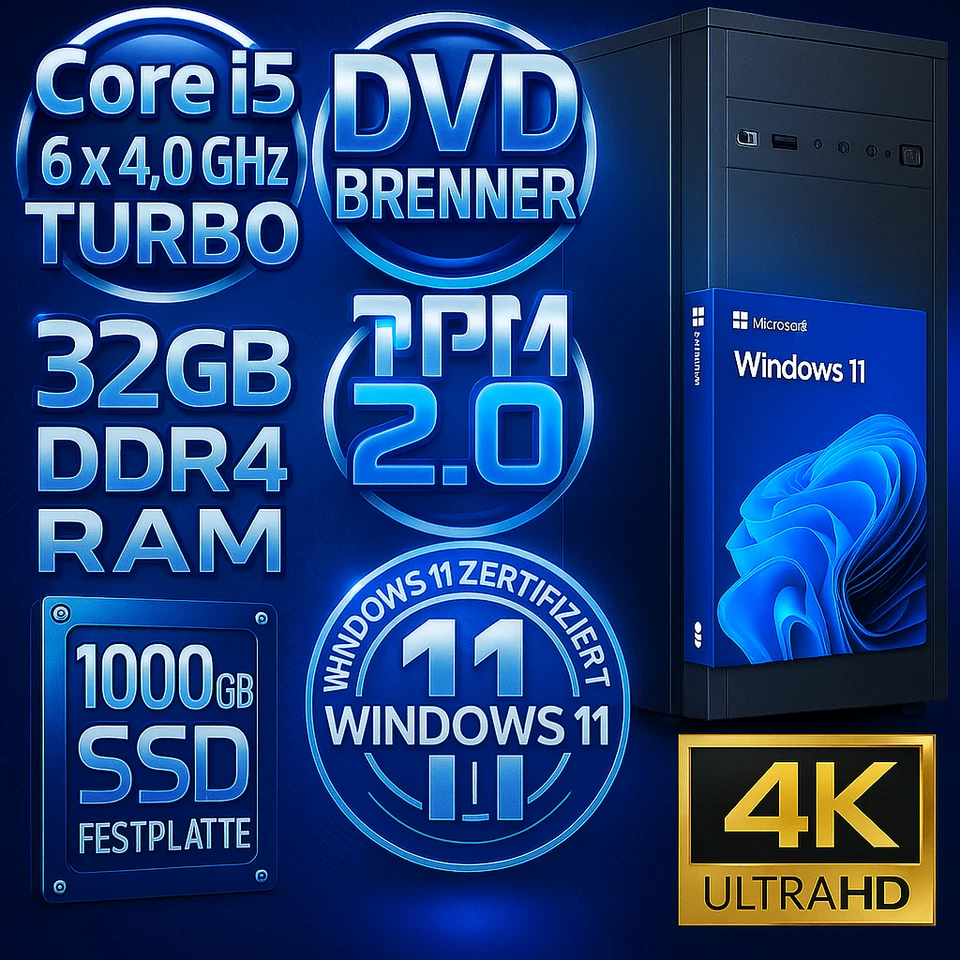 PC Windows 11 Pro | Intel Core i5  6 x 4,0 GHZ | 32 GB RAM | 1000 GB SSD | HDMI - Bild 1 von 1