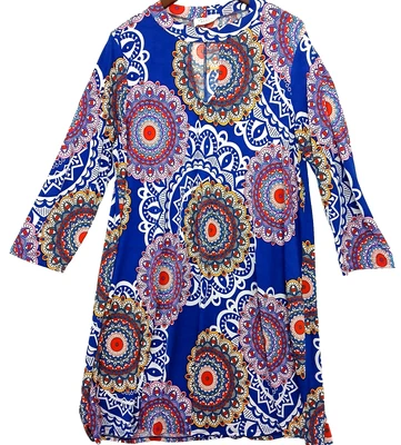 Vestido túnica Janette Plus 2X azul estampado mandala manga 3/4 boho elástico EE. UU. Foto 1 de 4