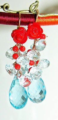 14k Gold Lever Back Carved Red Coral Rose Blue Topaz Gemstone Briolette Earrings - Image 1 of 4