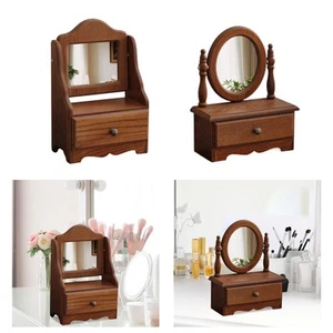 Wood Desk Makeup Mirror Countertop Mirror with Storage Box Dressing Mirror - Picture 1 of 7