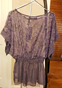 NWT - Miley Cyrus Max Azria Sheer Smocked Top - Size L - Black, purple, paisley - Picture 1 of 5