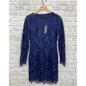 BOBI BLACK Navy Lace Sheath Dress Small Sample NWT Long Sleeve Floral Cocktail - Picture 1 of 6