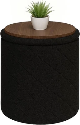 Black Boucle Round Storage Ottoman Stool Folding Footrest Vanity Seat - Image 1 of 4