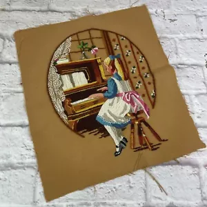 Vintage Unframed Hand Embroidery Crewel Embroidery Piece Girl Playing Piano - Picture 1 of 6