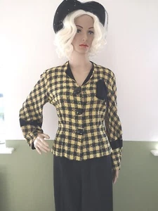 Original 1940s Boucle Plaid Blazer Jacket Black Yellow Vintage UK 12 | M | W 30" - Picture 1 of 10