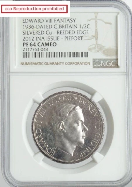 UK Edward VIII 1936 FANTASY Silver-plated pied-foil coin 2012 NGC PF64 - Image 1 of 2