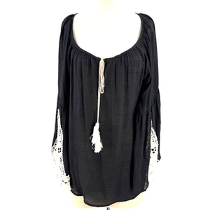 Mittoshop Boho Peasant Tunic Top Women Large Black Crochet Fairygoth Tassels NEW - Picture 1 of 10