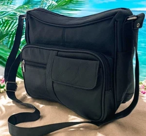 BLACK Leather Organizer Purse Shoulder Bag Multiple Pockets Cross Body Handbag - Picture 1 of 17