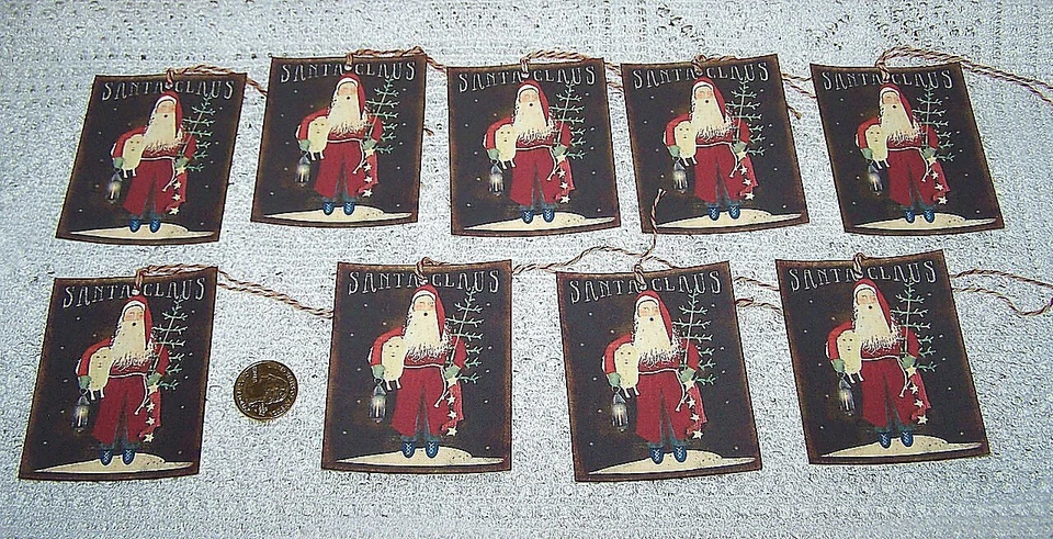 9~Christmas~Primitive~Santa Claus~Grubby~Linen Cardstock~Gift~Hang~Tags~Ornies - Image 1 of 1