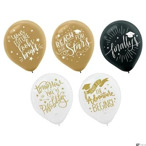 Elegant Graduation Adventure Begins 12" Latex Balloons, 15 CT, Gold Black White - Picture 1 of 1