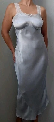 Antique 30's Periwinkle Satin Bias Cut Slip Beige Lace Trim Dress Nightgown! S - Image 1 of 4